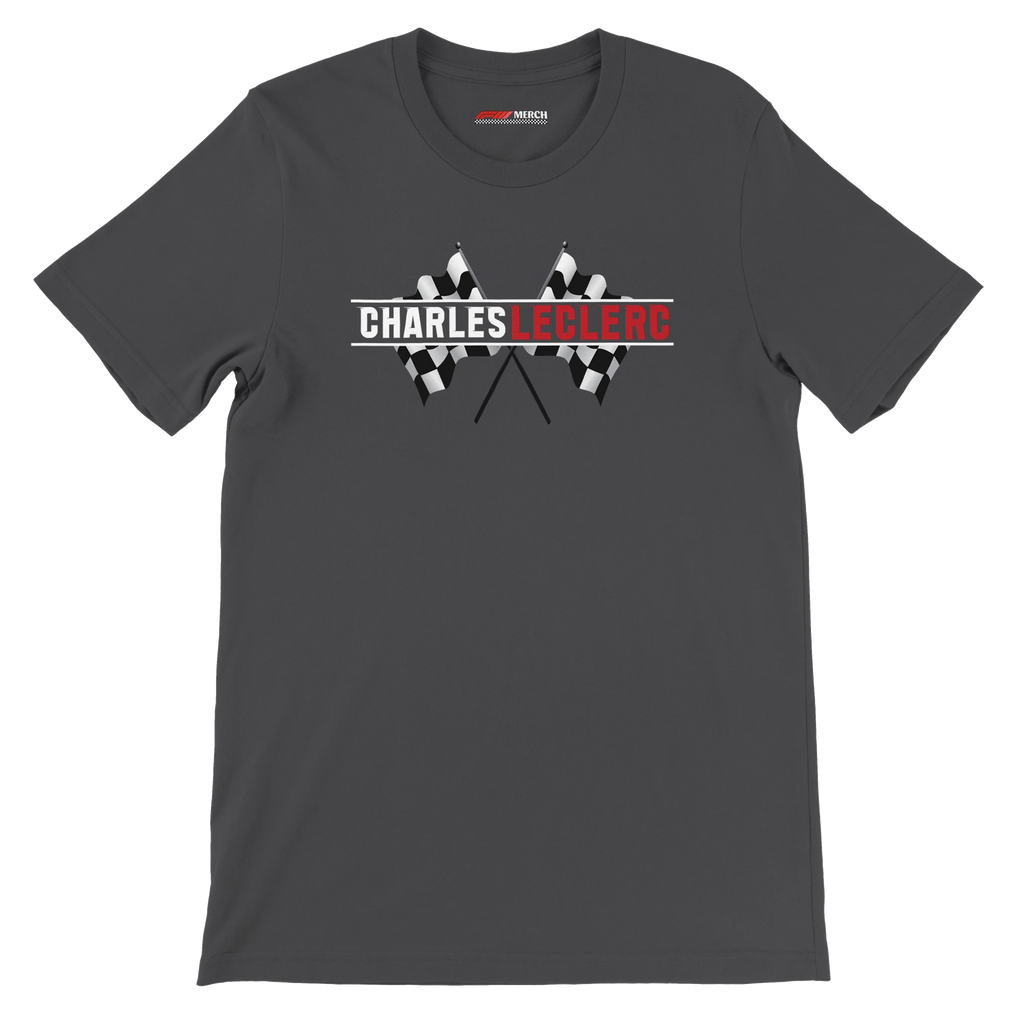 f111 merch dark-grey color t-shirt1 with charles-leclerc branding.