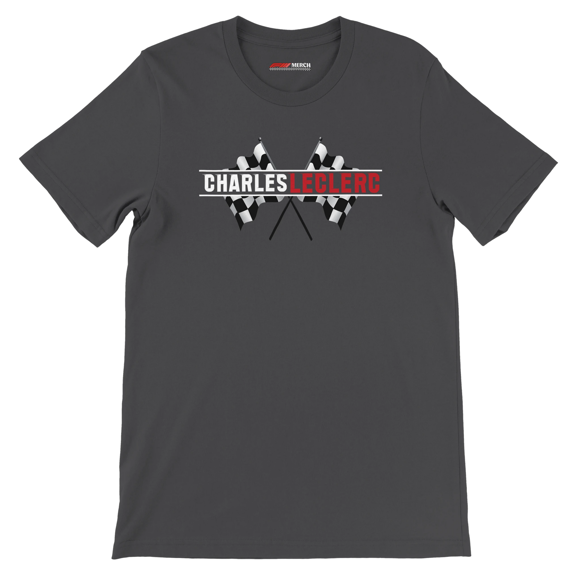 f111 merch dark-grey color t-shirt1 with charles-leclerc branding.