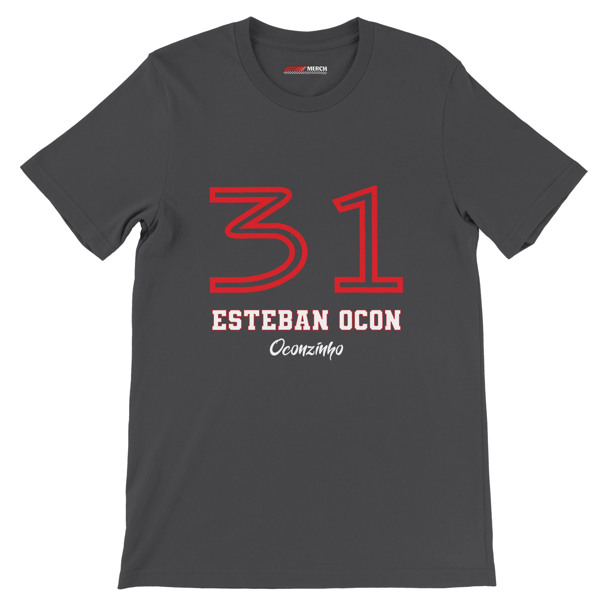 f111 merch dark-grey color t-shirt1 with esteban-ocon branding.