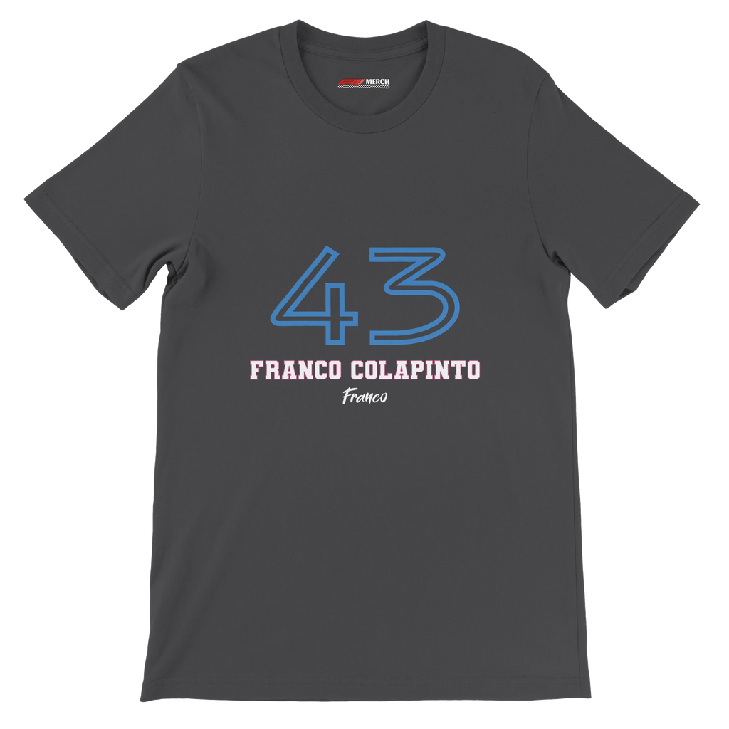 f111 merch dark-grey color t-shirt1 with franco-colapinto branding.