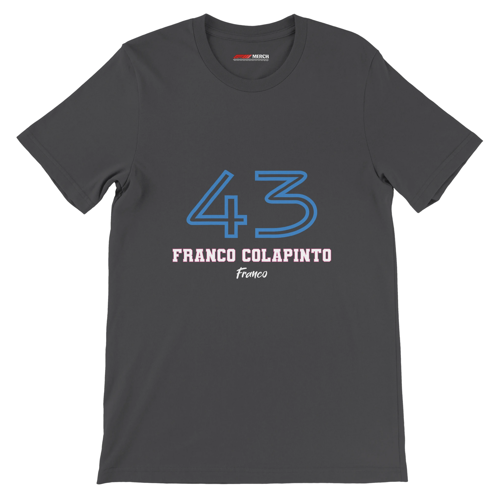 f111 merch dark-grey color t-shirt1 with franco-colapinto branding.
