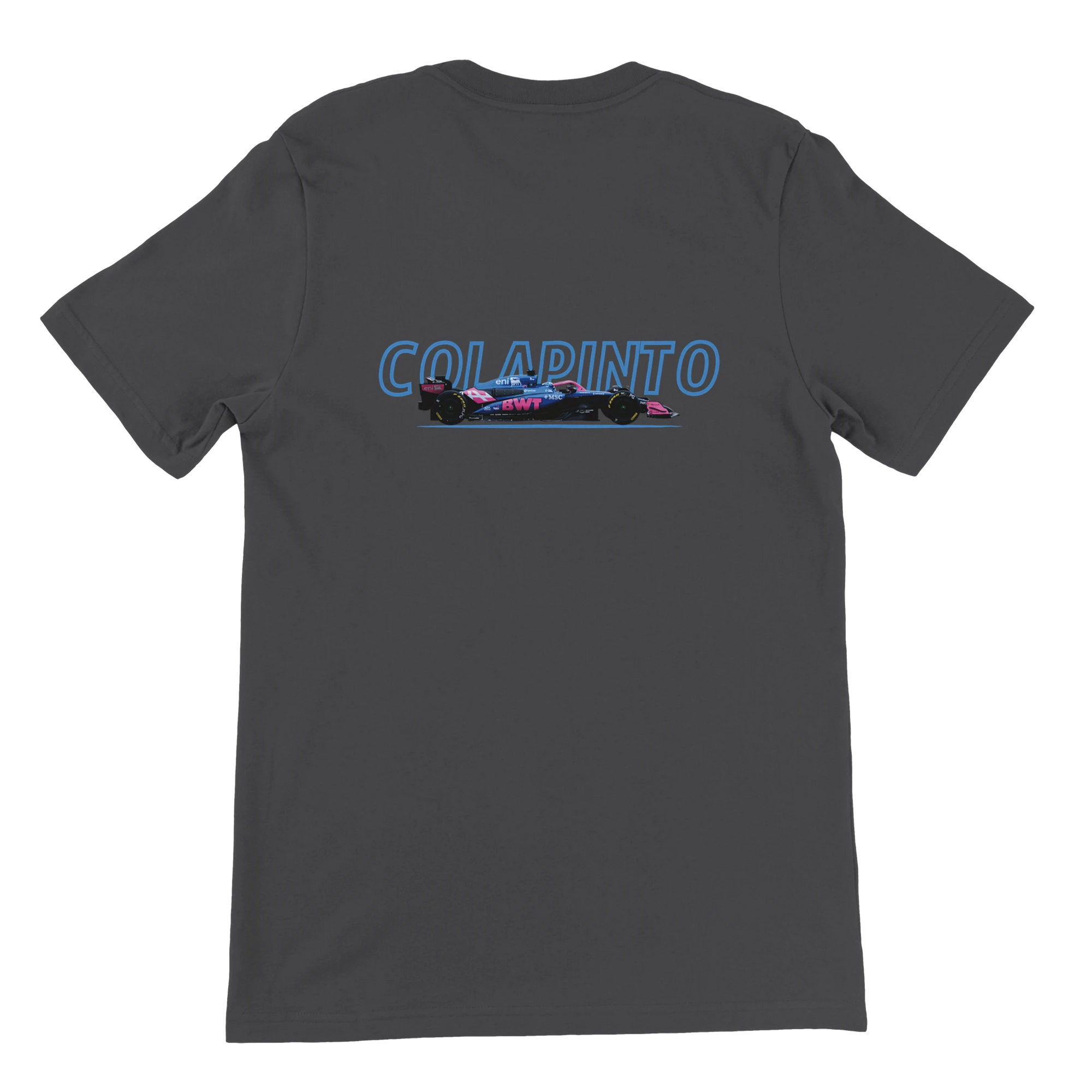 f111 merch dark-grey color t-shirt1 with franco-colapinto branding.