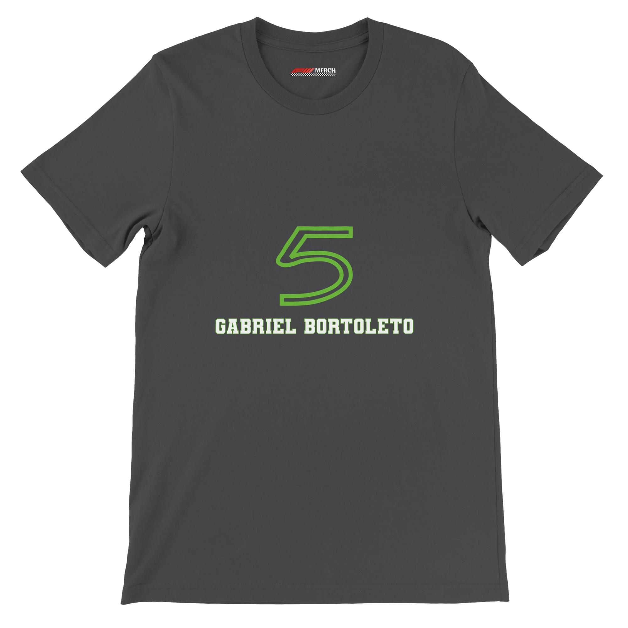 f111 merch dark-grey color t-shirt1 with gabriel-bortoleto branding.