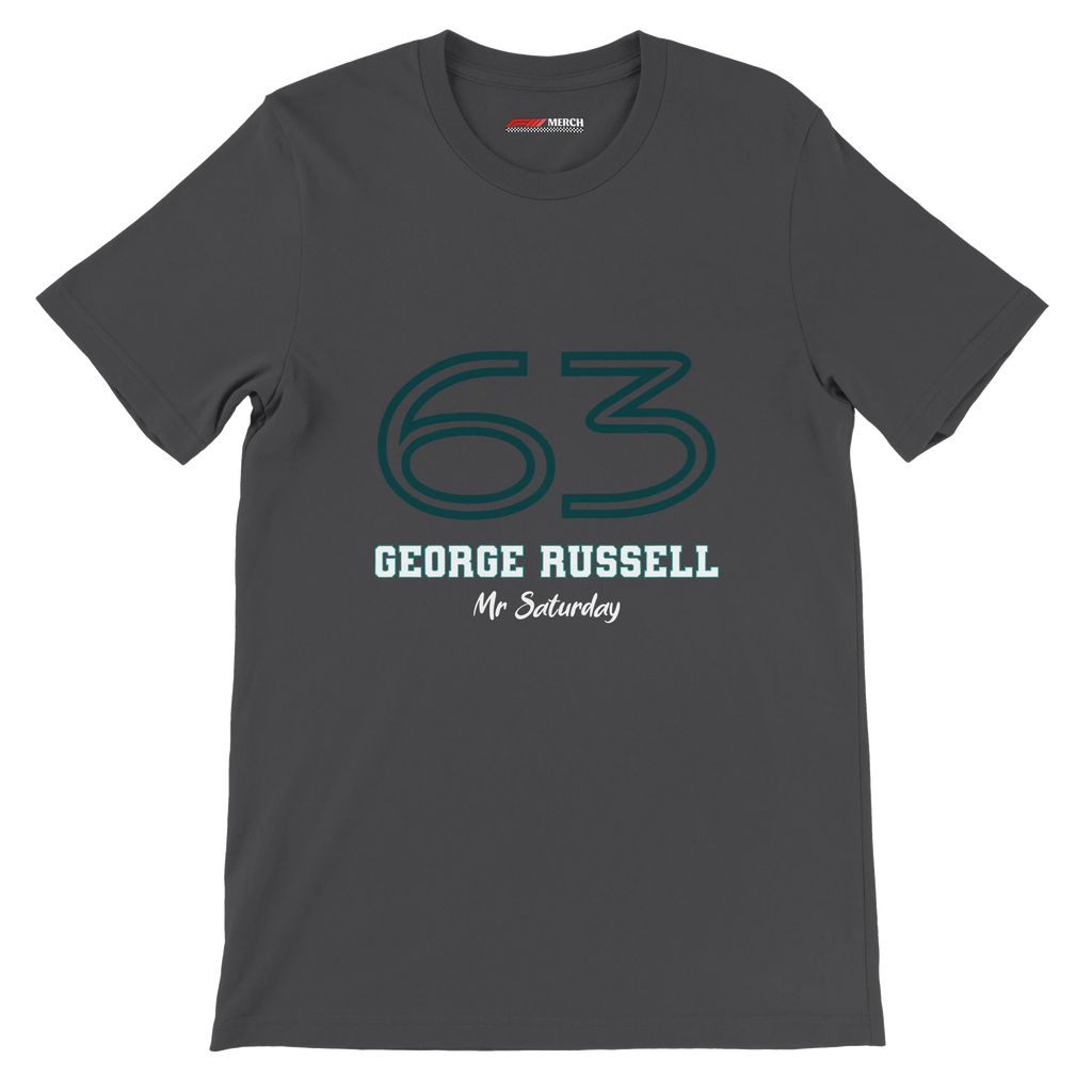 f111 merch dark-grey color t-shirt1 with george-russell branding.
