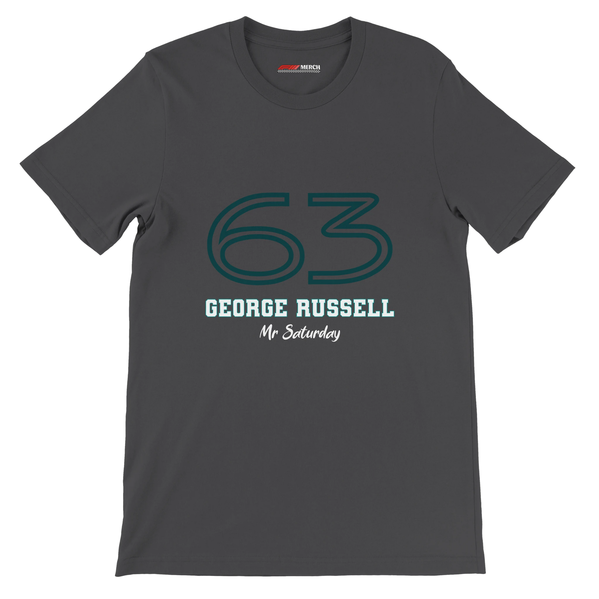 f111 merch dark-grey color t-shirt1 with george-russell branding.