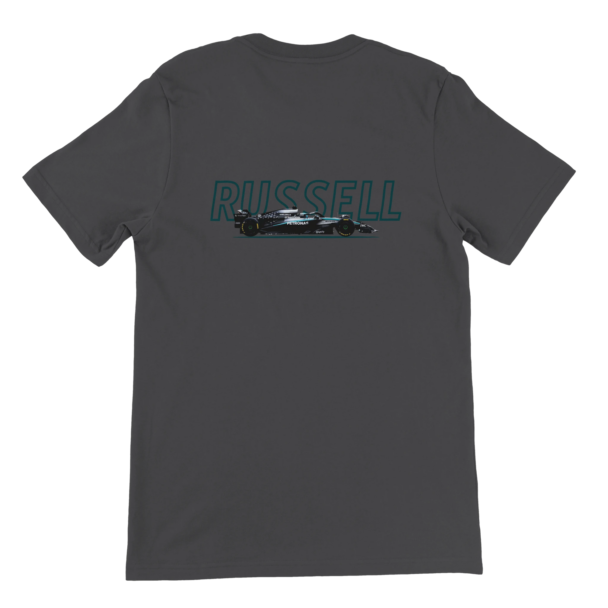 f111 merch dark-grey color t-shirt1 with george-russell branding.