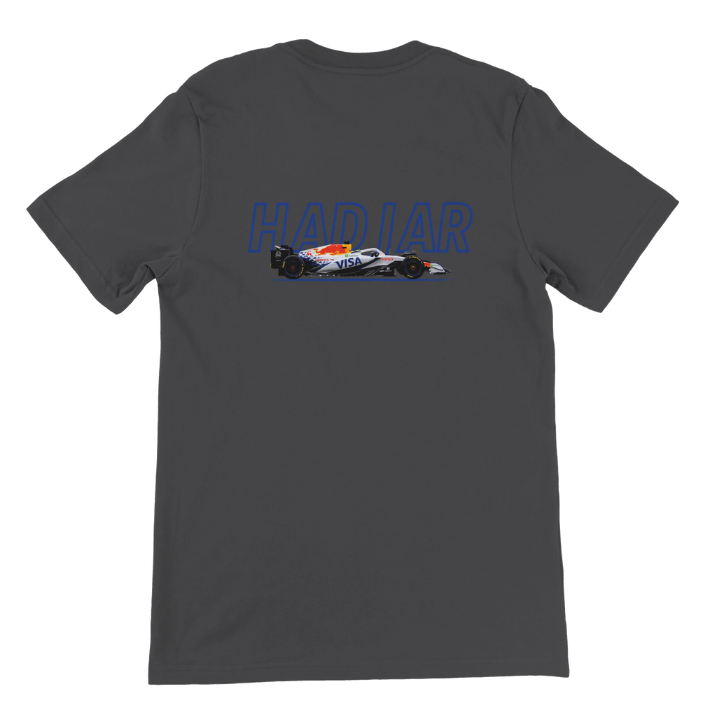 f111 merch dark-grey color t-shirt1 with isack-hadjar branding.