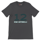 f111 merch dark-grey color t-shirt1 with kimi-antonelli branding.