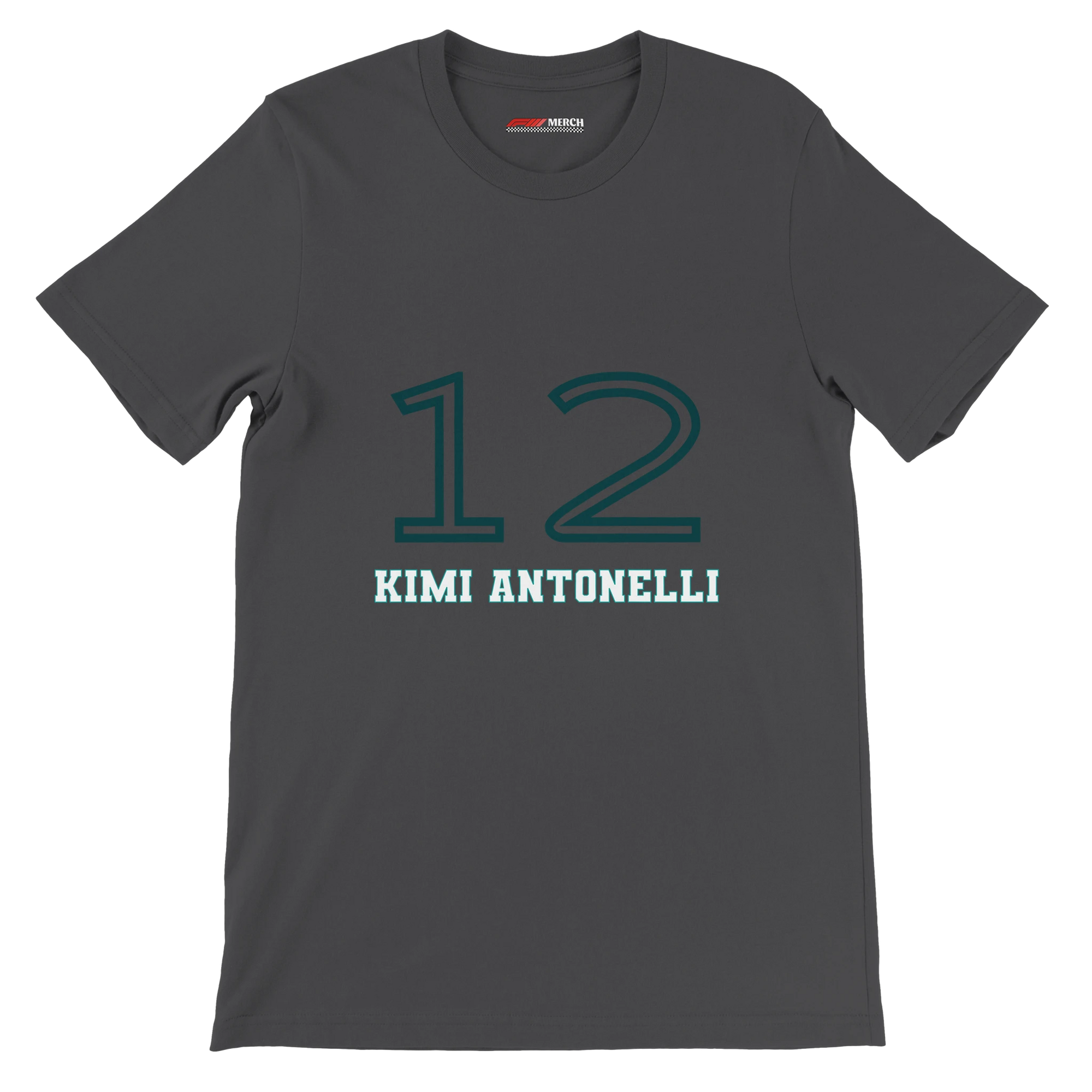 f111 merch dark-grey color t-shirt1 with kimi-antonelli branding.