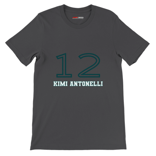 f111 merch dark-grey color t-shirt1 with kimi-antonelli branding.