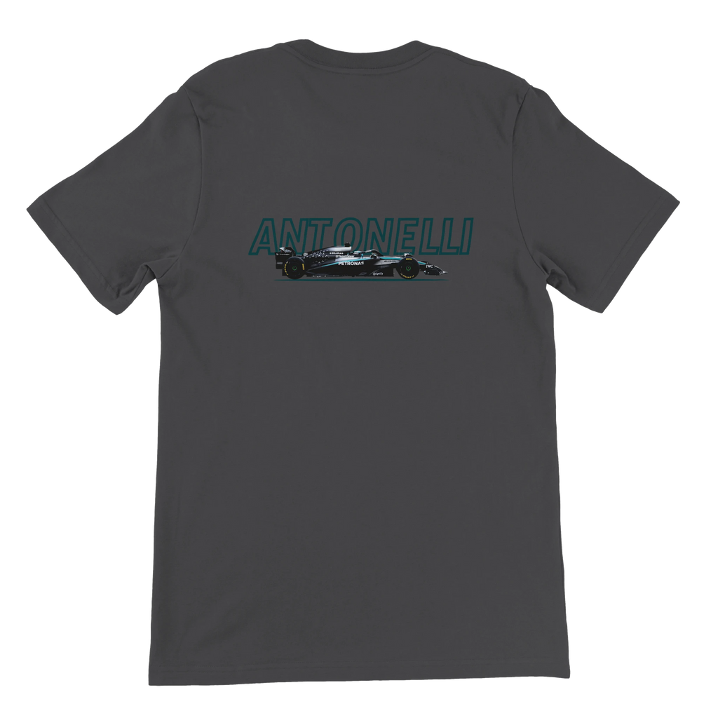 f111 merch dark-grey color t-shirt1 with kimi-antonelli branding.