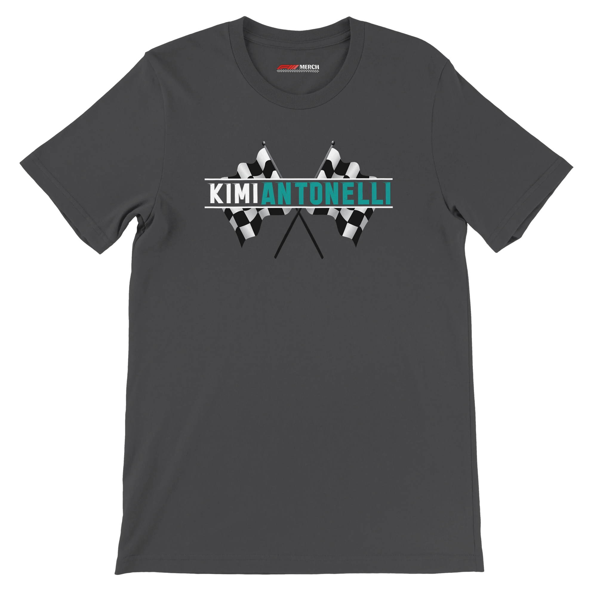 f111 merch dark-grey color t-shirt1 with kimi-antonelli branding.