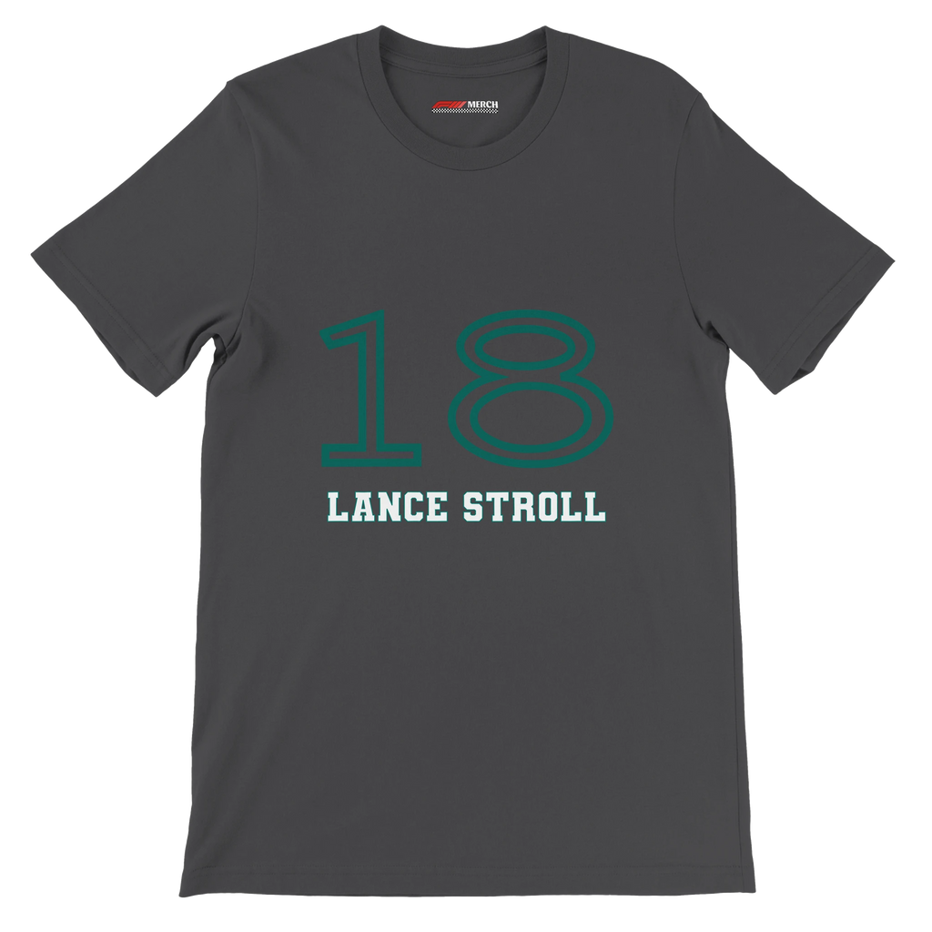 f111 merch dark-grey color t-shirt1 with lance-stroll branding.