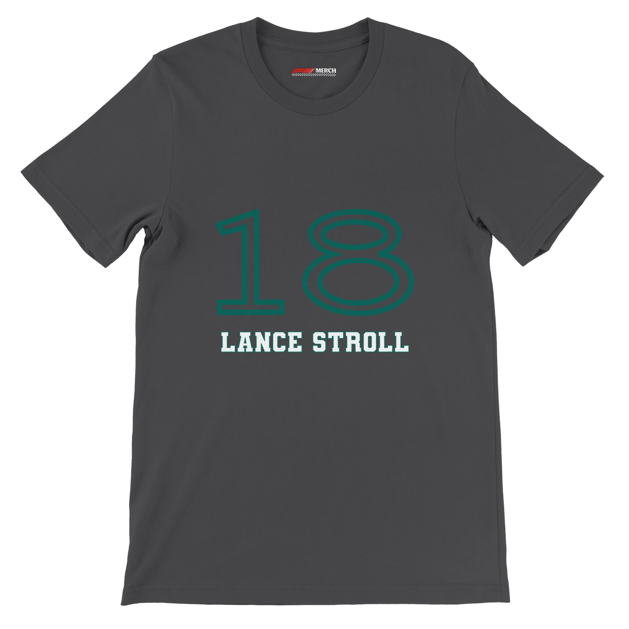 f111 merch dark-grey color t-shirt1 with lance-stroll branding.
