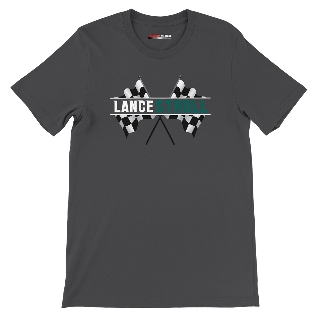 f111 merch dark-grey color t-shirt1 with lance-stroll branding.