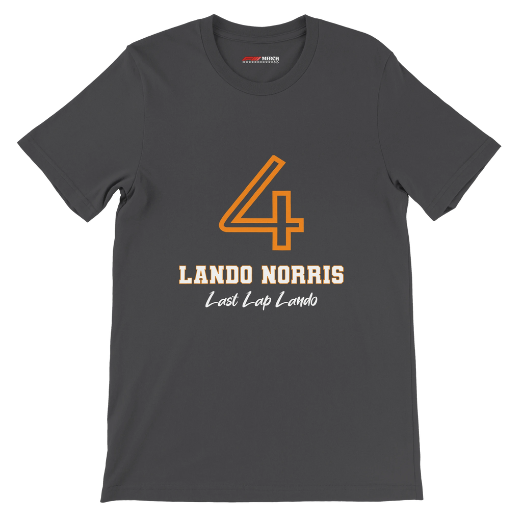 f111 merch dark-grey color t-shirt1 with lando-norris branding.