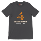 f111 merch dark-grey color t-shirt1 with lando-norris branding.