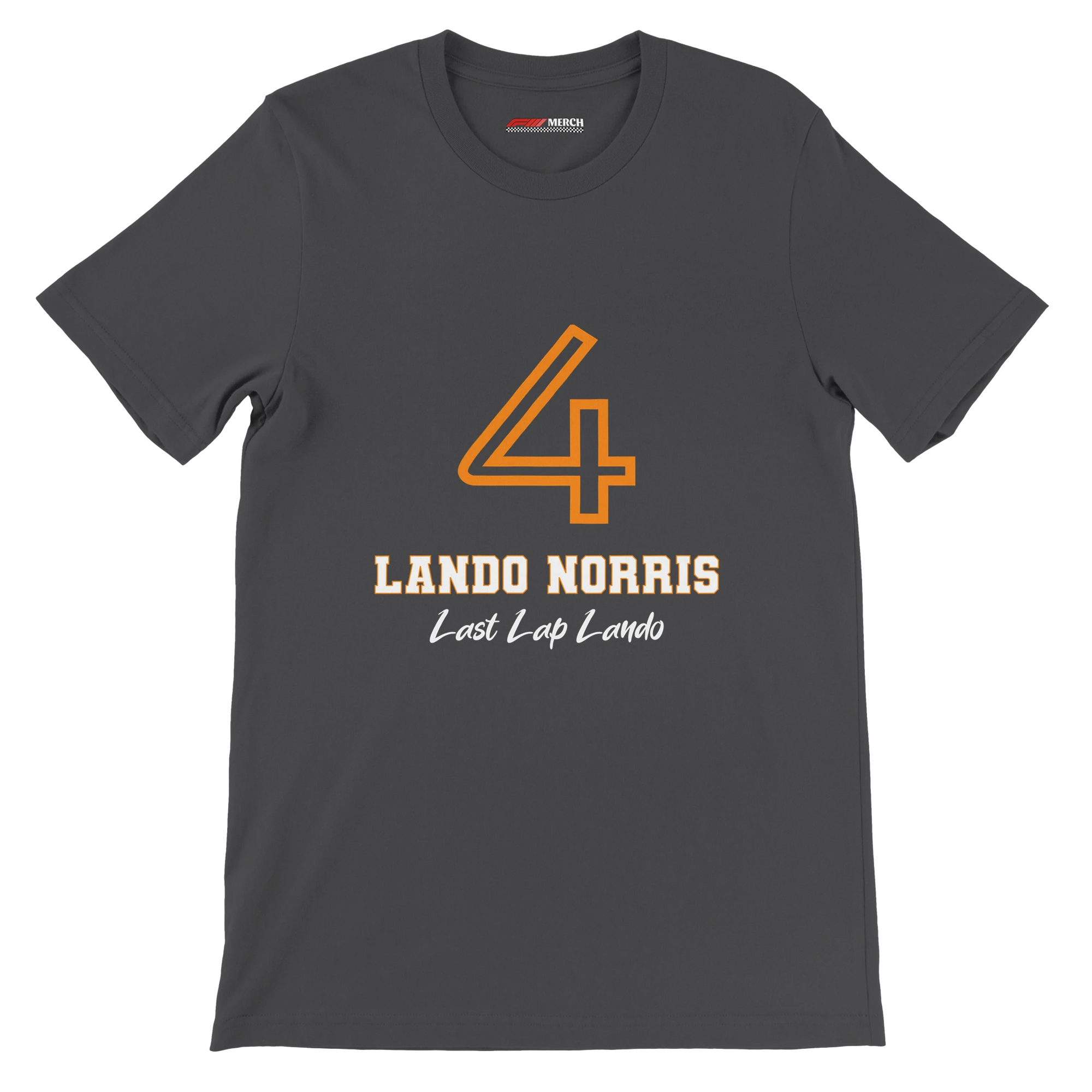 f111 merch dark-grey color t-shirt1 with lando-norris branding.