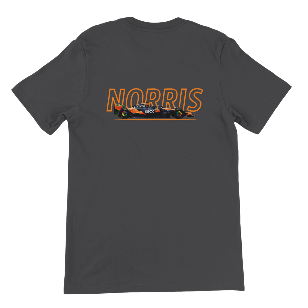 f111 merch dark-grey color t-shirt1 with lando-norris branding.