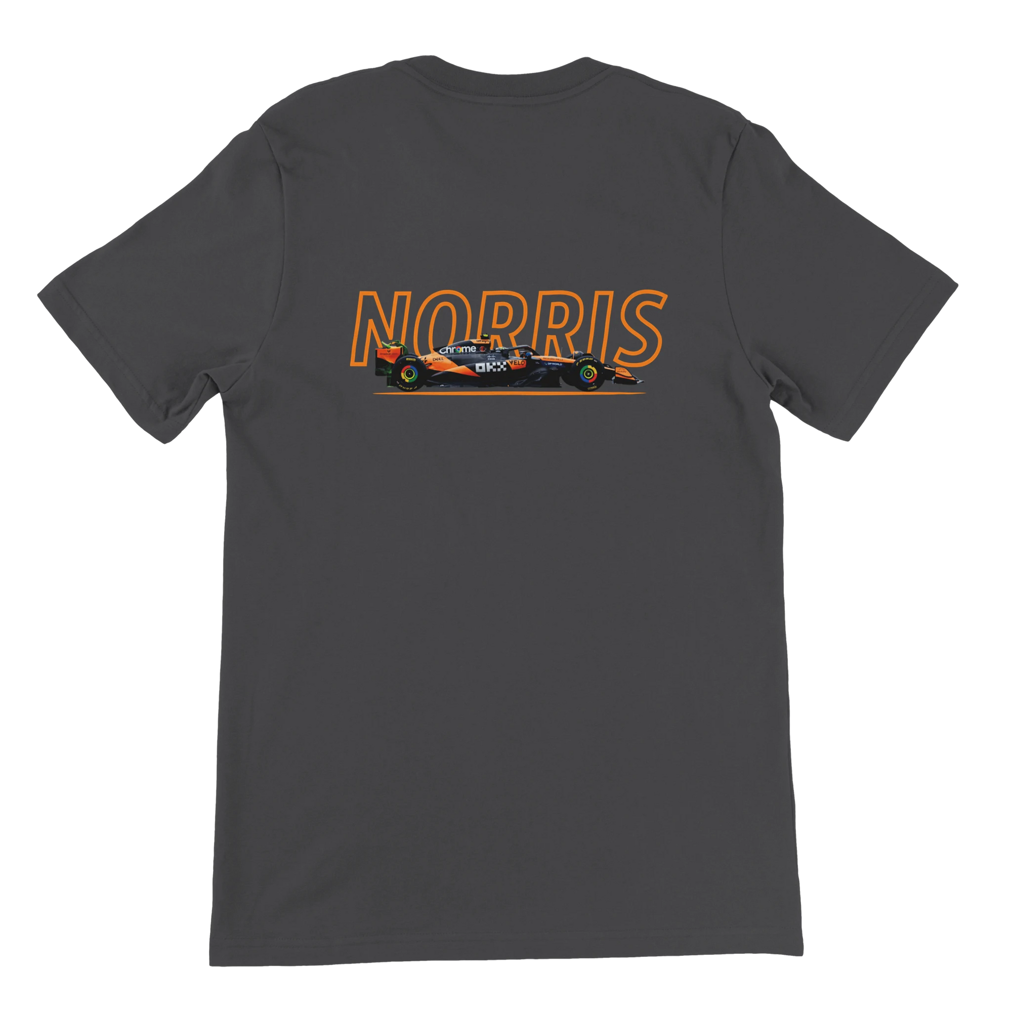 f111 merch dark-grey color t-shirt1 with lando-norris branding.