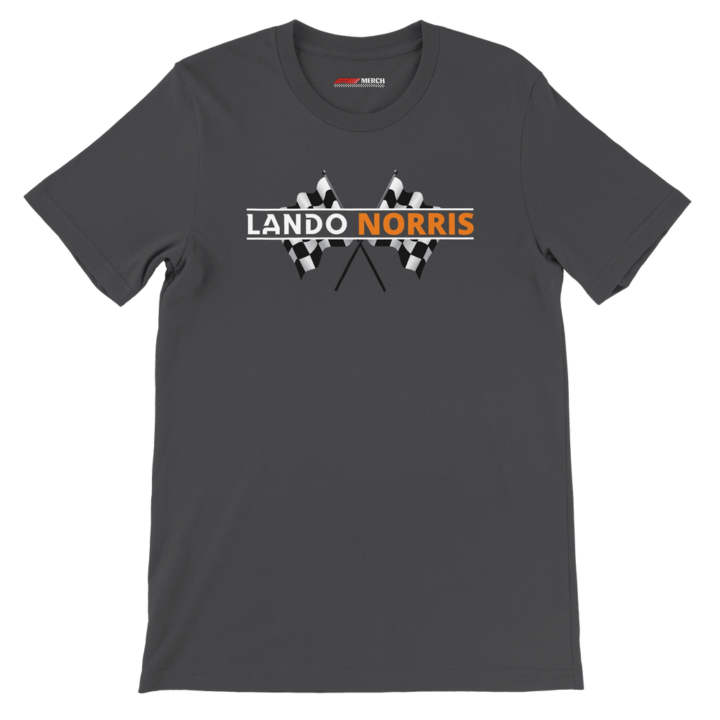 f111 merch dark-grey color t-shirt1 with lando-norris branding.