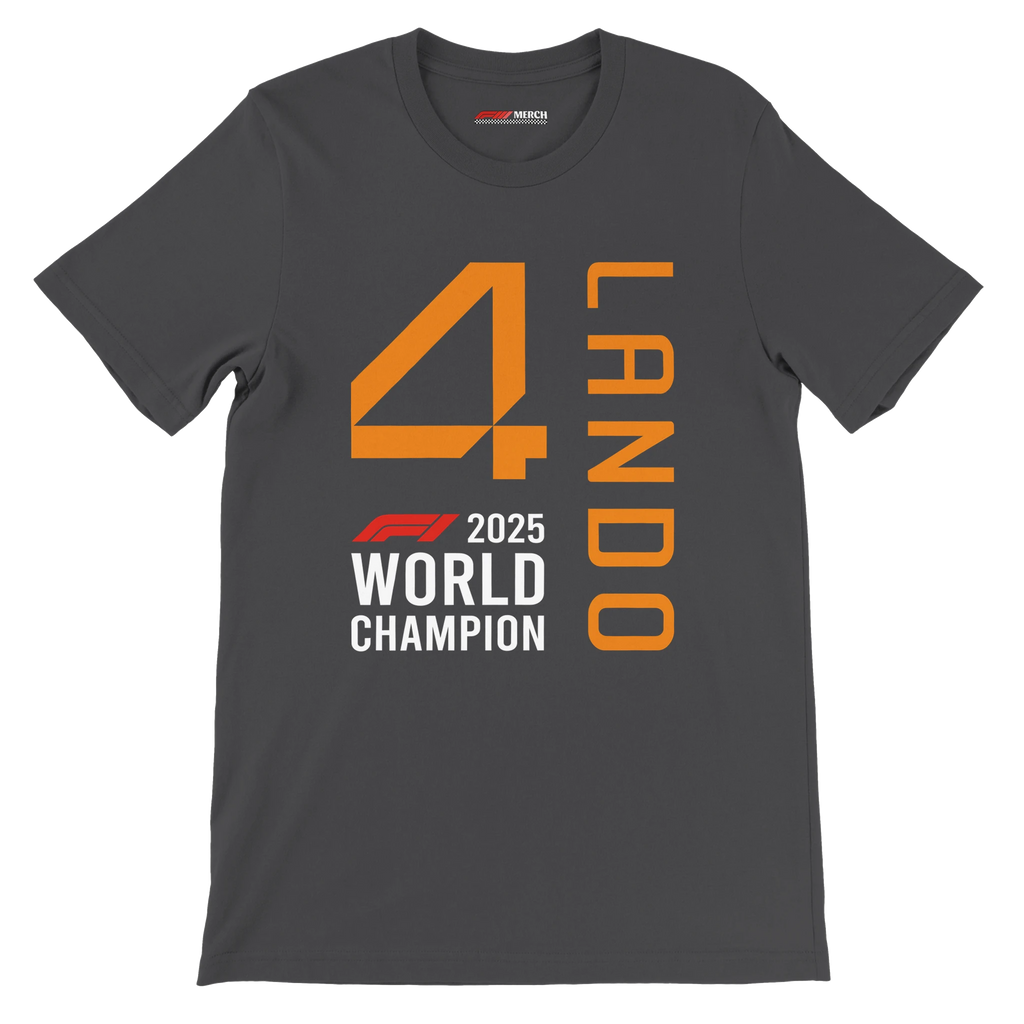 f111 merch dark-grey color t-shirt1 with lando-norris branding.