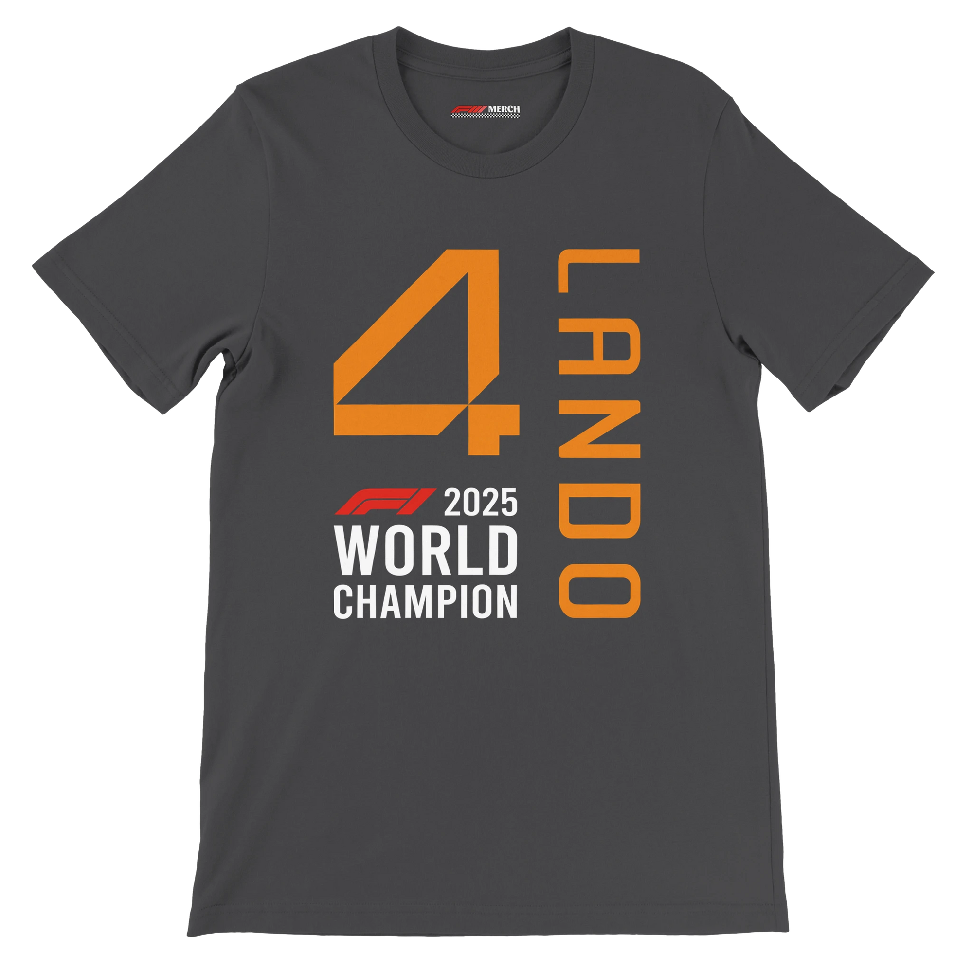 f111 merch dark-grey color t-shirt1 with lando-norris branding.