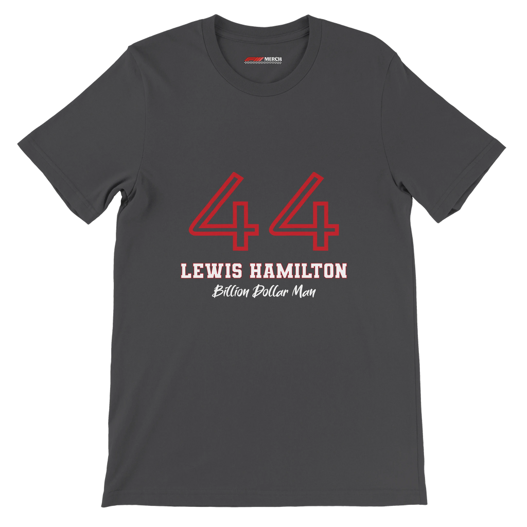 f111 merch dark-grey color t-shirt1 with lewis-hamilton branding.