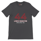 f111 merch dark-grey color t-shirt1 with lewis-hamilton branding.