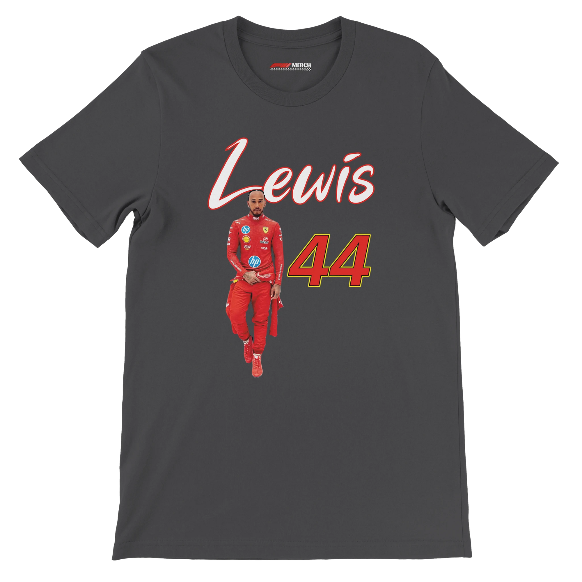 f111 merch dark-grey color t-shirt1 with lewis-hamilton branding.