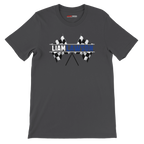 f111 merch dark-grey color t-shirt1 with liam-lawson branding.