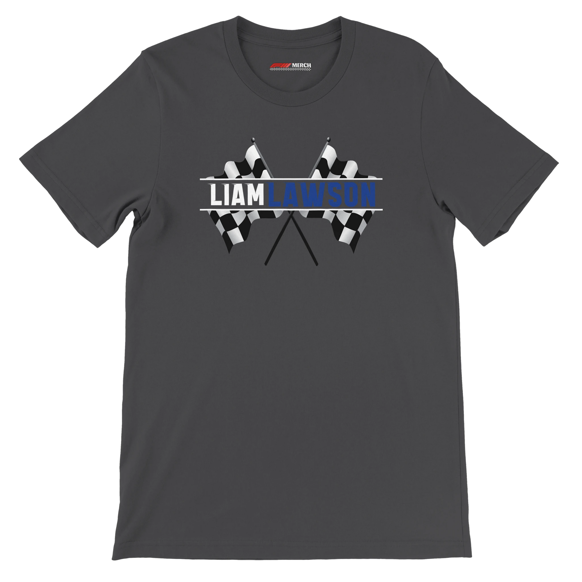 f111 merch dark-grey color t-shirt1 with liam-lawson branding.