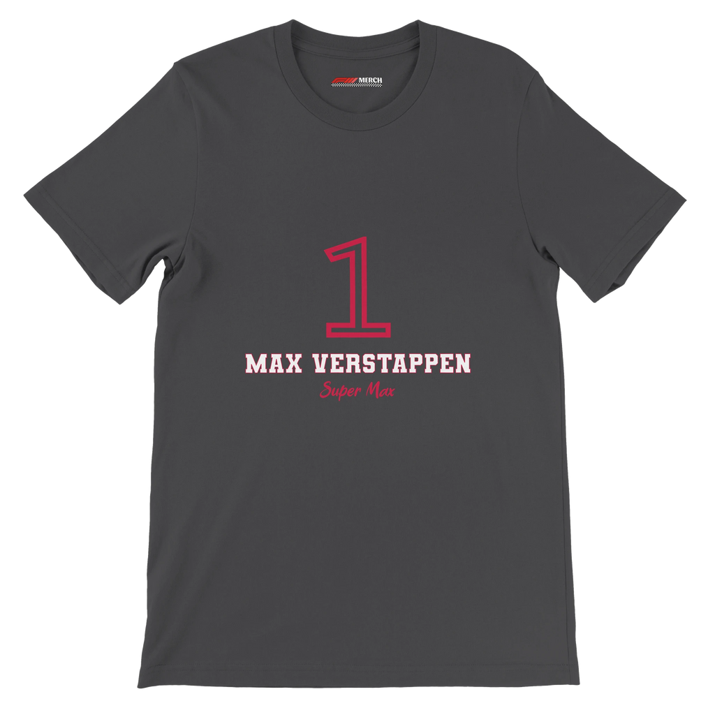 f111 merch dark-grey color t-shirt1 with max-verstappen branding.