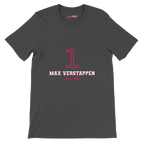 f111 merch dark-grey color t-shirt1 with max-verstappen branding.