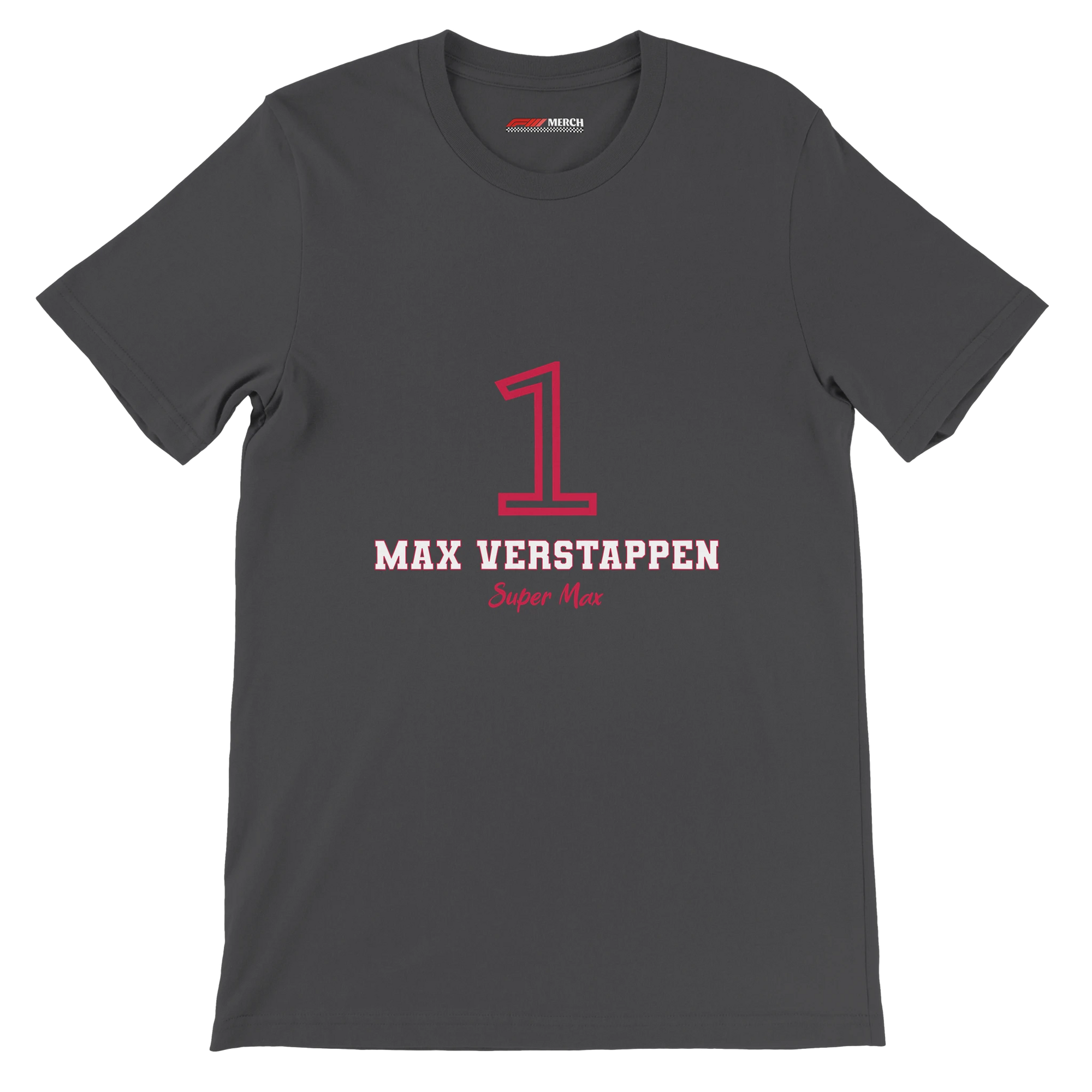 f111 merch dark-grey color t-shirt1 with max-verstappen branding.