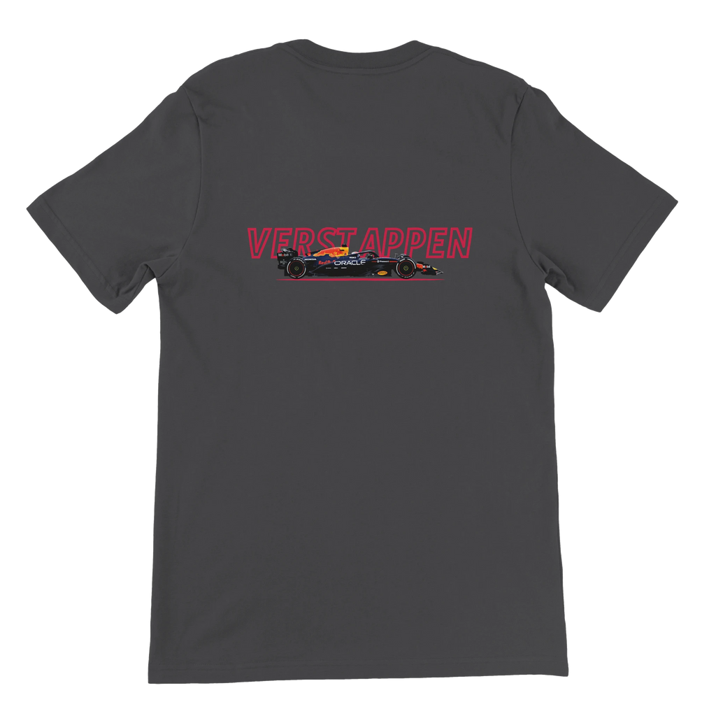 f111 merch dark-grey color t-shirt1 with max-verstappen branding.