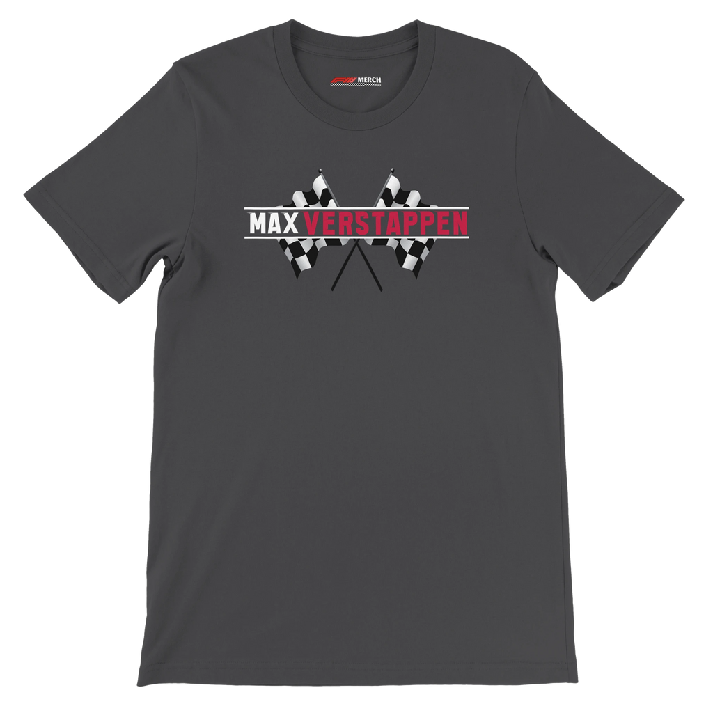 f111 merch dark-grey color t-shirt1 with max-verstappen branding.