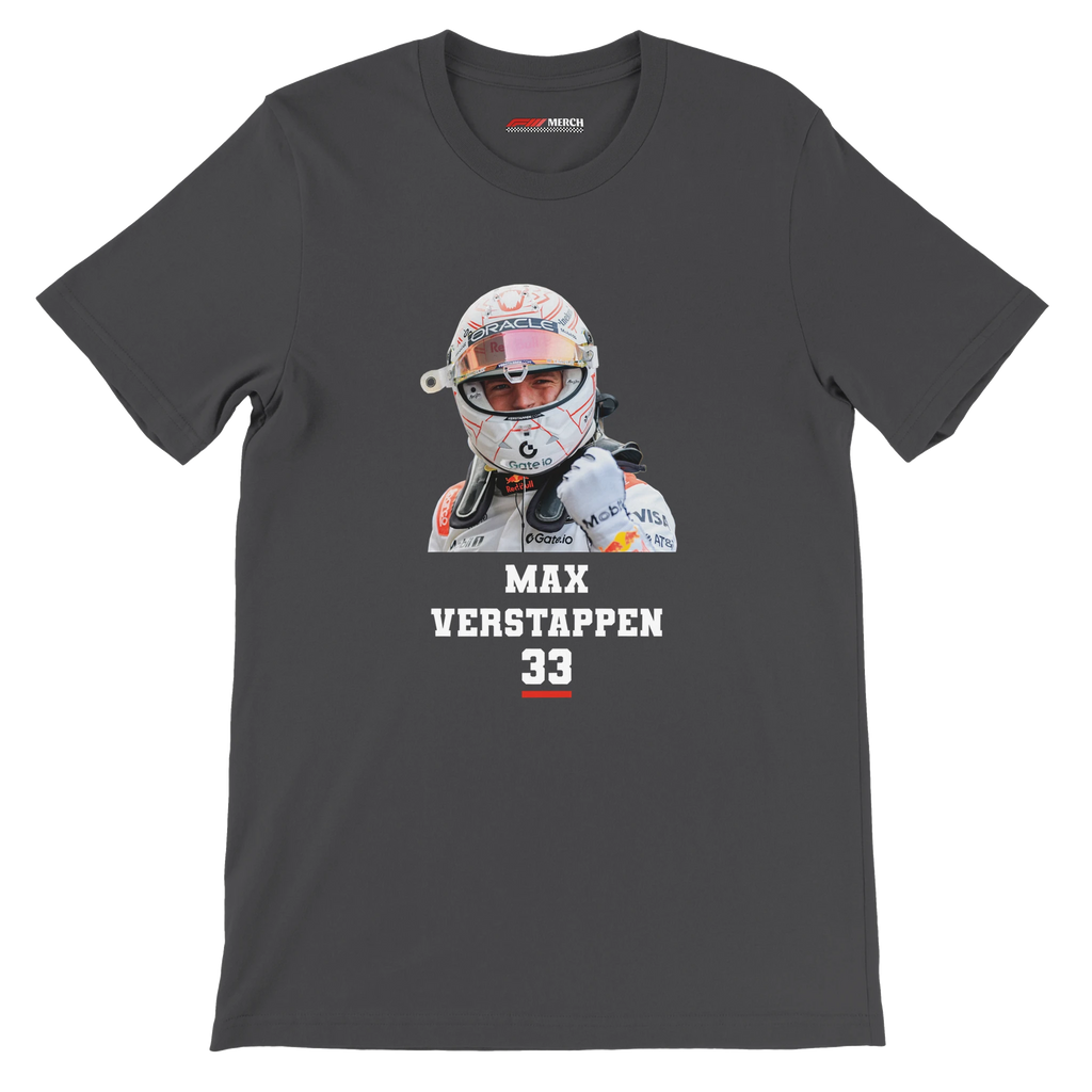 f111 merch dark-grey color t-shirt1 with max-verstappen branding.