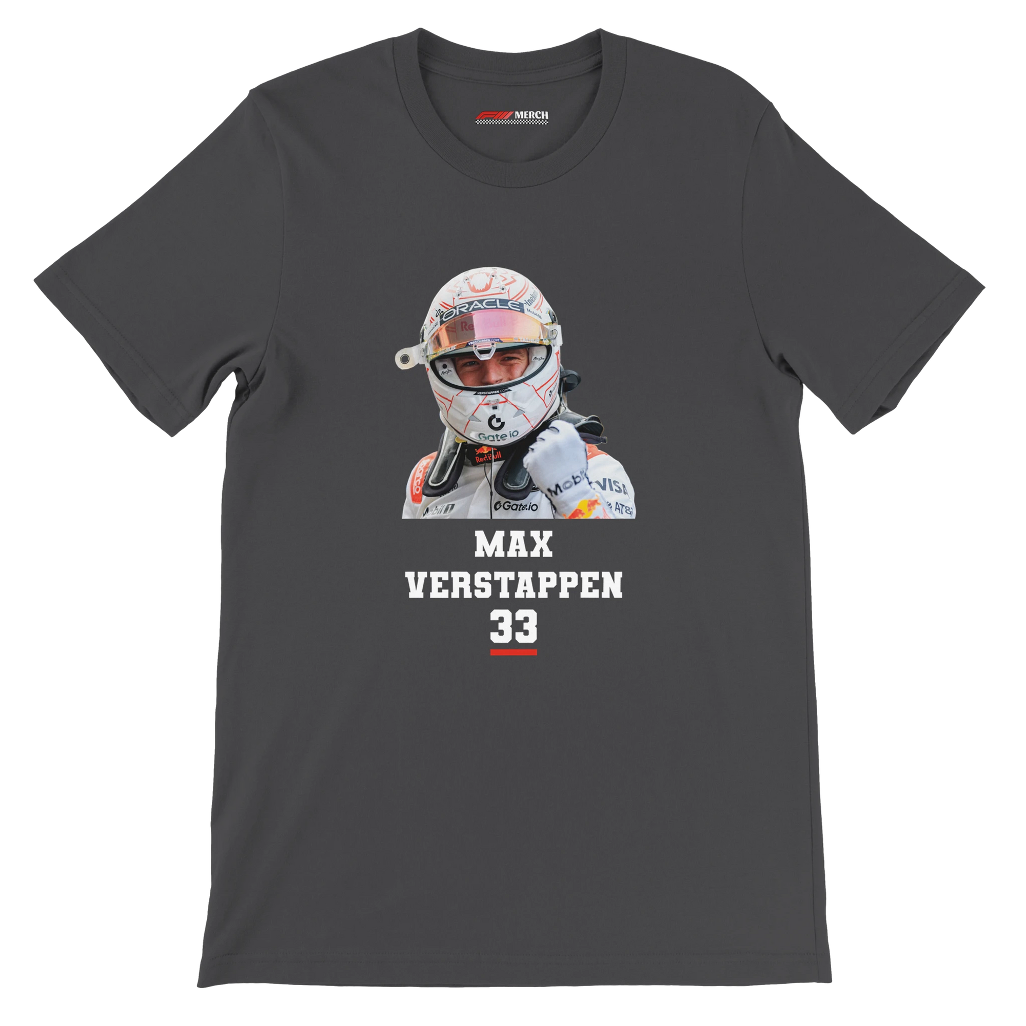 f111 merch dark-grey color t-shirt1 with max-verstappen branding.