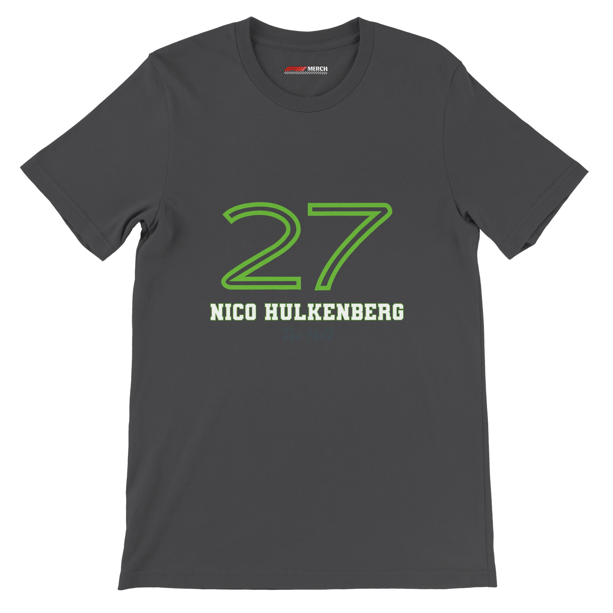 f111 merch dark-grey color t-shirt1 with nico-hulkenberg branding.