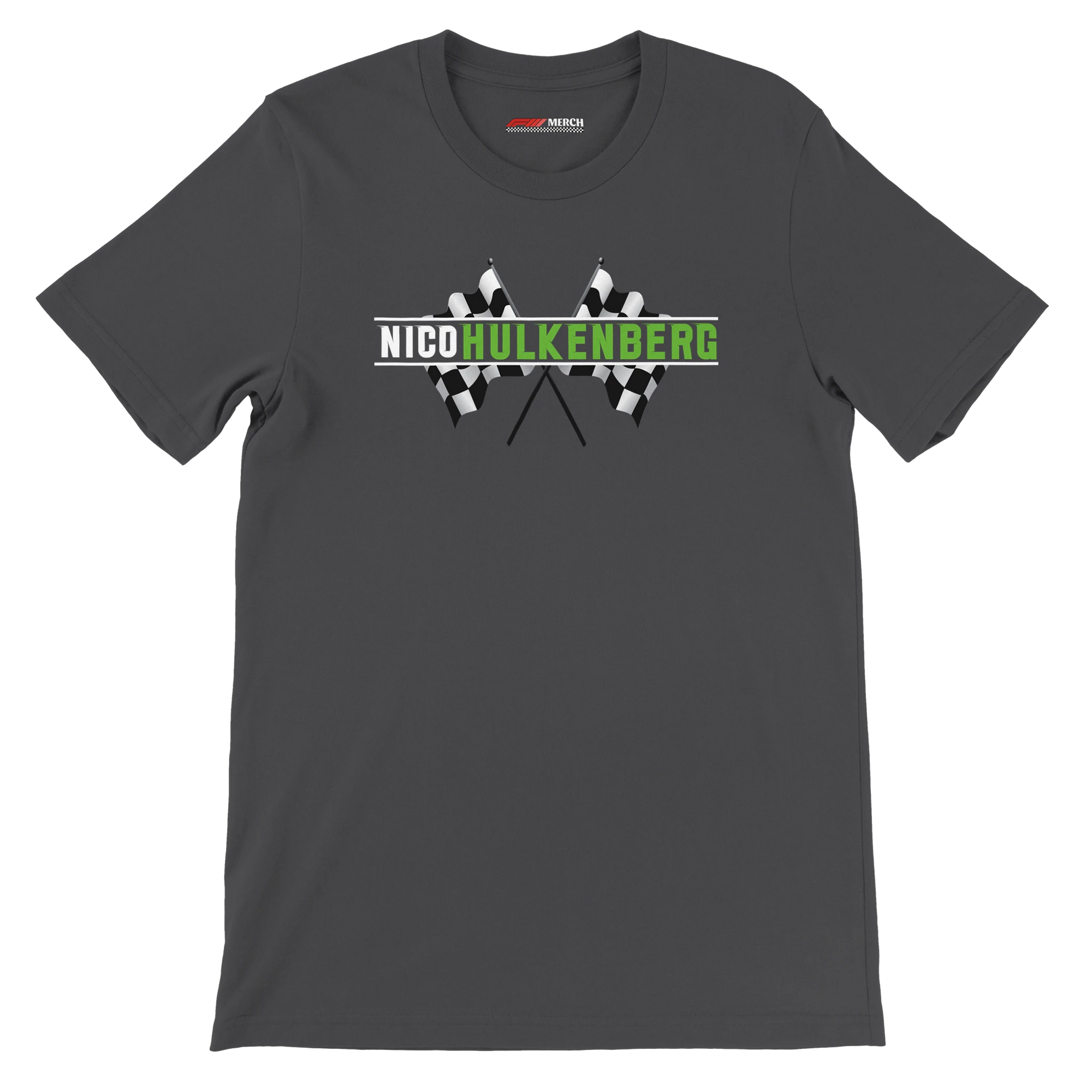 f111 merch dark-grey color t-shirt1 with nico-hulkenberg branding.