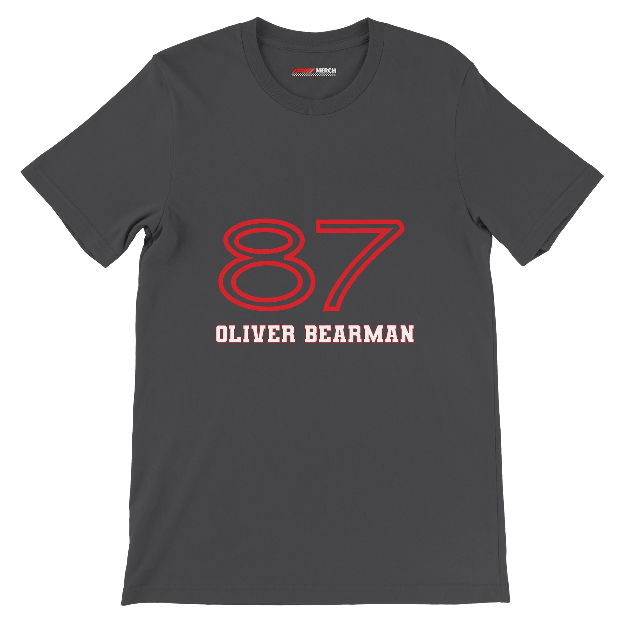 f111 merch dark-grey color t-shirt1 with oliver-bearman branding.
