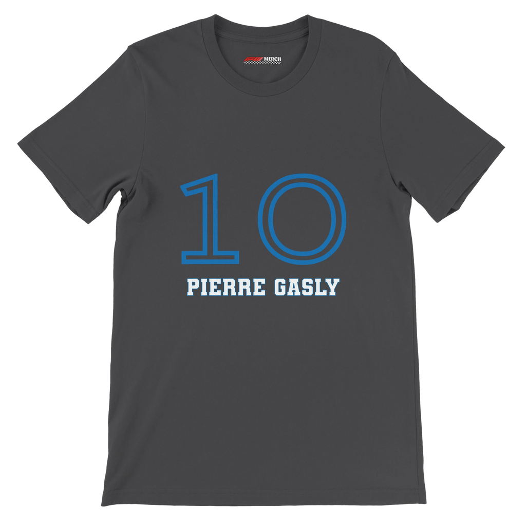 f111 merch dark-grey color t-shirt1 with pierre-gasly branding.