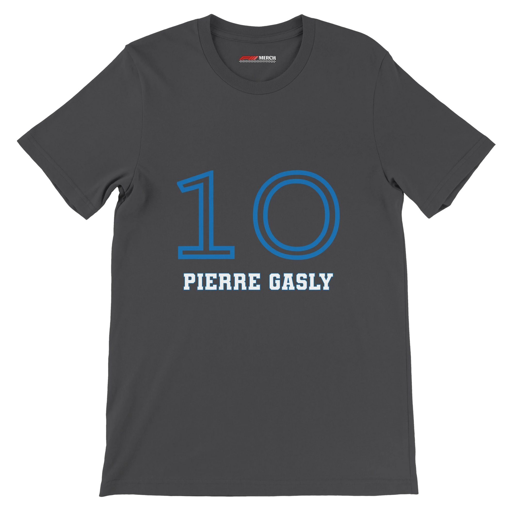 f111 merch dark-grey color t-shirt1 with pierre-gasly branding.