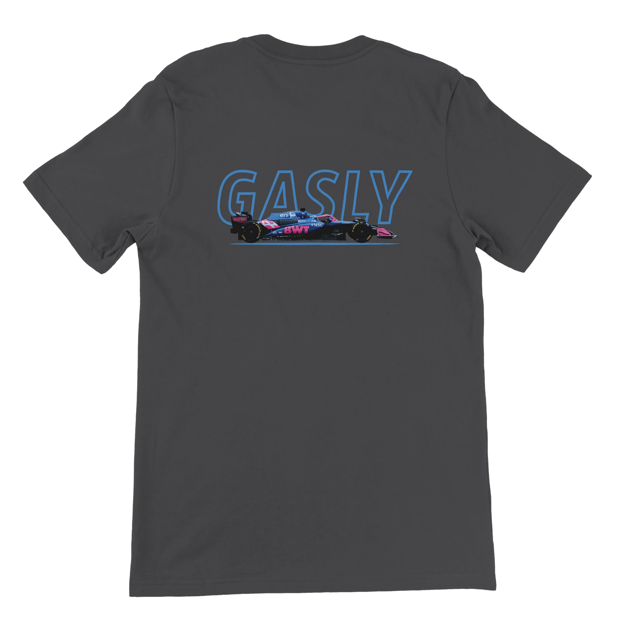 f111 merch dark-grey color t-shirt1 with pierre-gasly branding.
