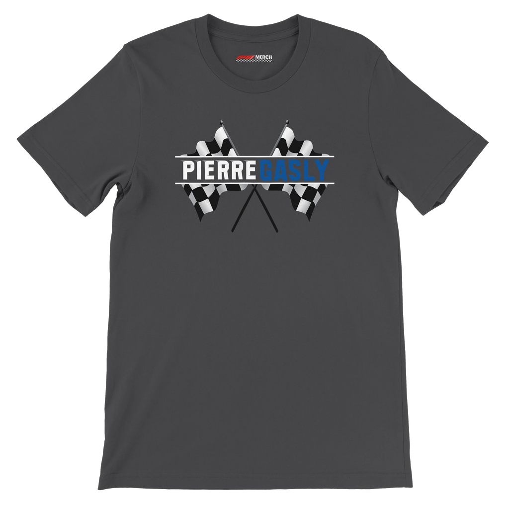 f111 merch dark-grey color t-shirt1 with pierre-gasly branding.