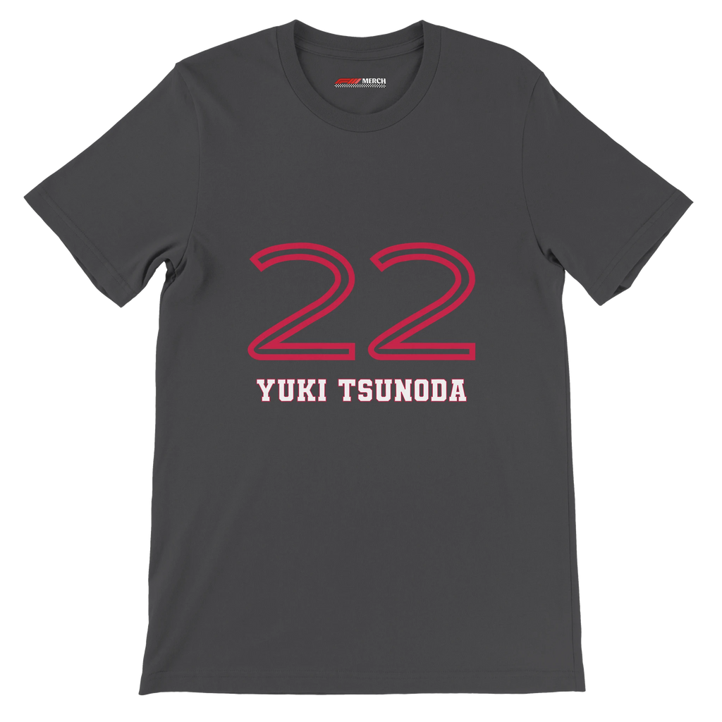 f111 merch dark-grey color t-shirt1 with yuki-tsunoda branding.