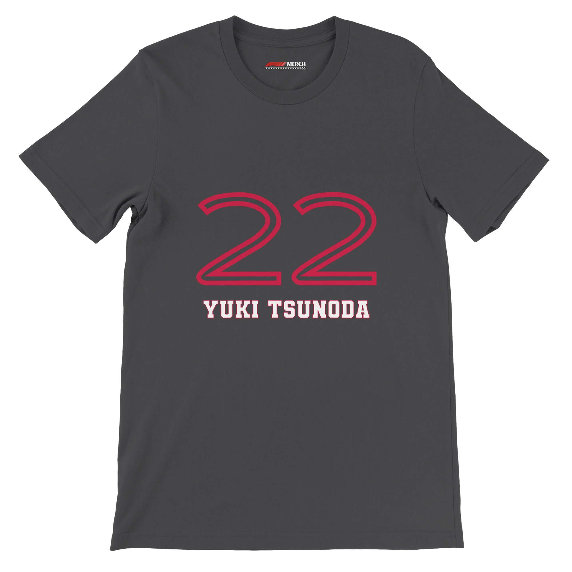 f111 merch dark-grey color t-shirt1 with yuki-tsunoda branding.