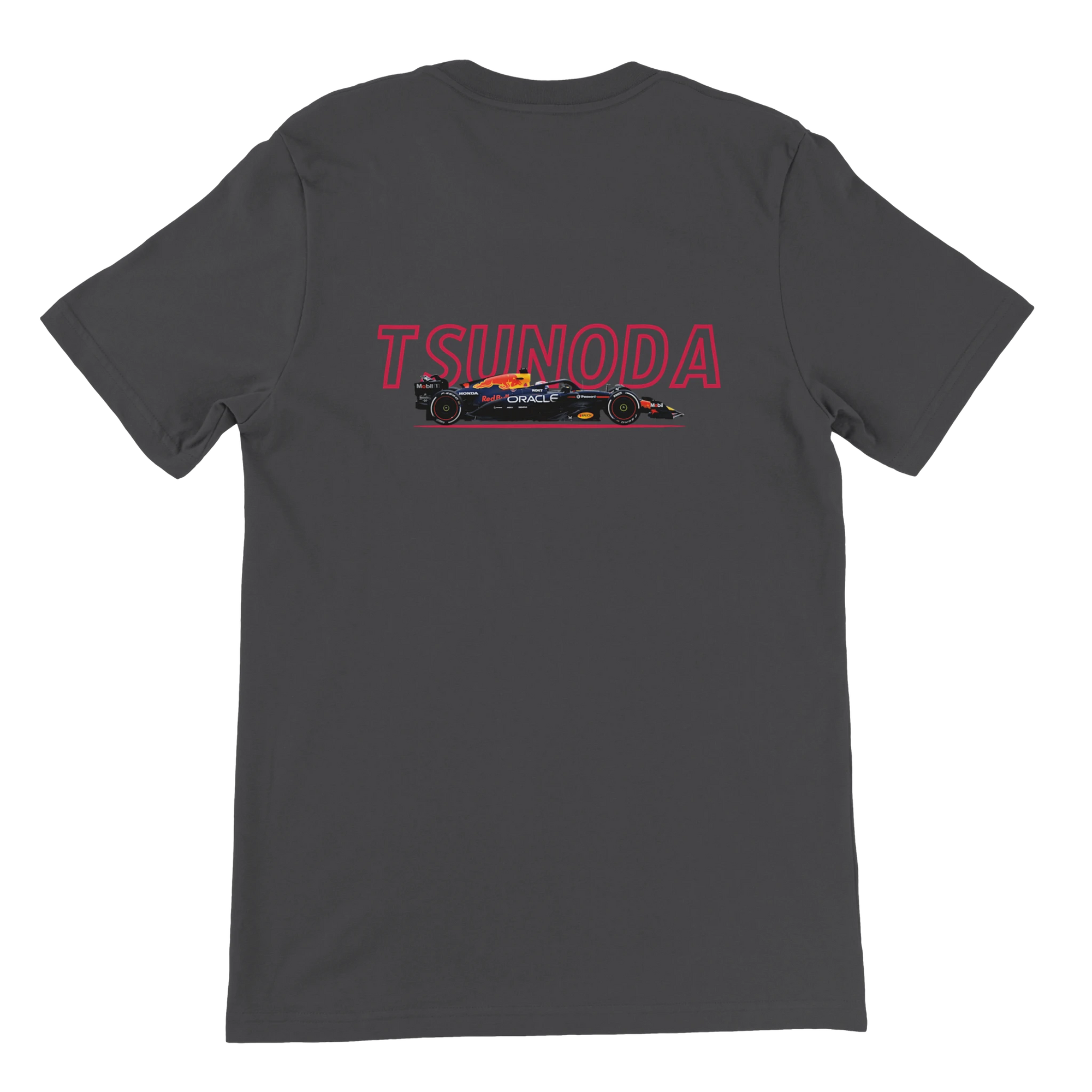 f111 merch dark-grey color t-shirt1 with yuki-tsunoda branding.