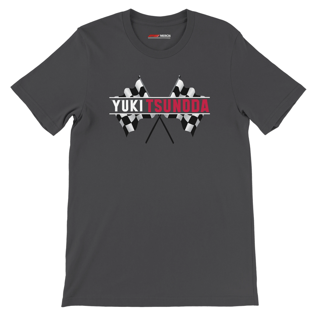 f111 merch dark-grey color t-shirt1 with yuki-tsunoda branding.